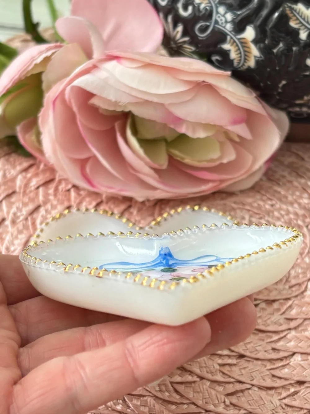 Vintage Milk Glass Hand Painted Flowers Heart Shaped Trinket Dish (set of 2)